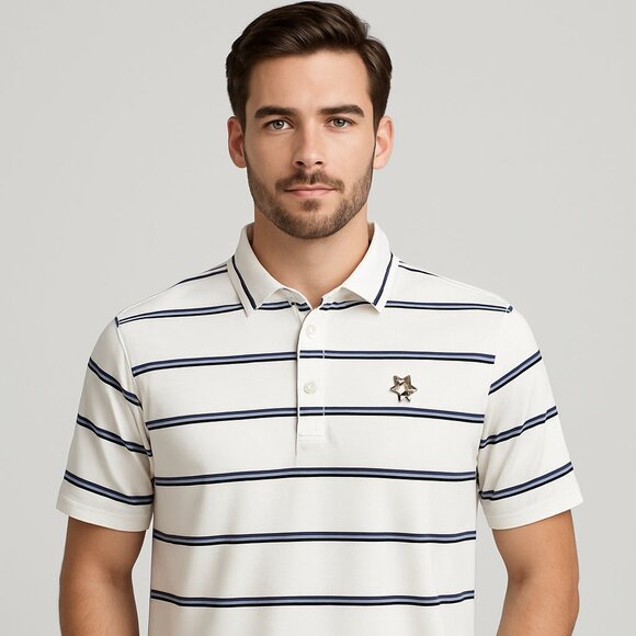 FootJoy White & Navy Striped Polo Shirt with Fox Logo – Size Medium - Picture 1 of 9